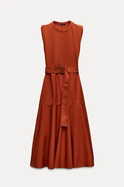 Платье Zara Contrast Midi With Belt, оранжевый
