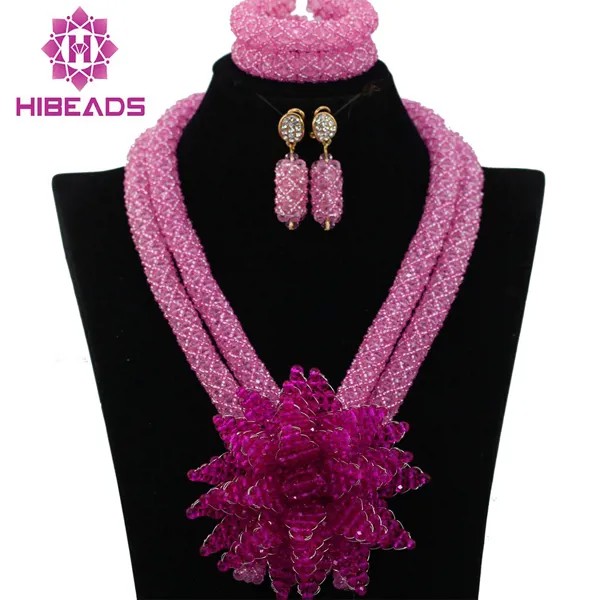 Очаровательный персиковый розовый кристаллический цветок ожерелье африканские бусины комплект ювелирных изделий Свадебные наборы ювелирных изделий для женщин Бесплатная доставка ABK696