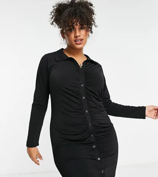 Черное платье мини со сборками и на пуговицах New Look Curve-Черный цвет