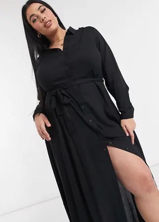 Черное платье-рубашка с завязывающимся поясом на талии New Look Curve-Черный цвет