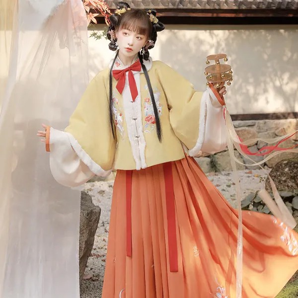 Новинка Осень-зима, женское ретро платье ханьфу в китайском стиле с вышивкой, Дамский старинный Восточный Костюм из четырех предметов, пушистый костюм с юбкой
