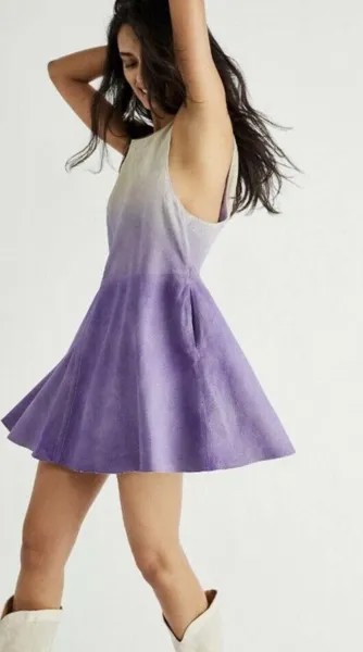 Замшевое мини-платье Free People Moon Bean с омбре-коричневым фиолетовым швом и плиссировкой S NWT