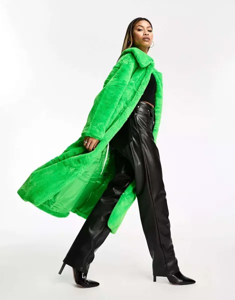Ярко-зеленое пальто миди с запахом из искусственного меха Jayley