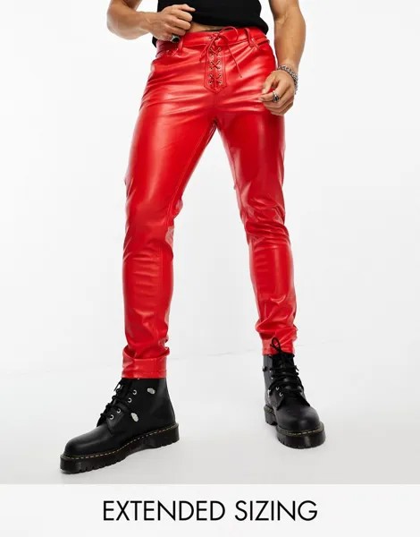 Красные кожаные джинсы скинни ASOS DESIGN со шнуровкой