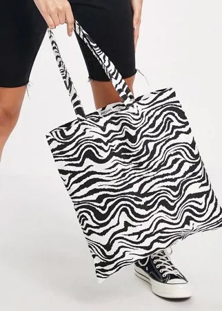 Черно-белая сумка-тоут из органического хлопка с зебровым принтом Monki Maja-Разноцветный