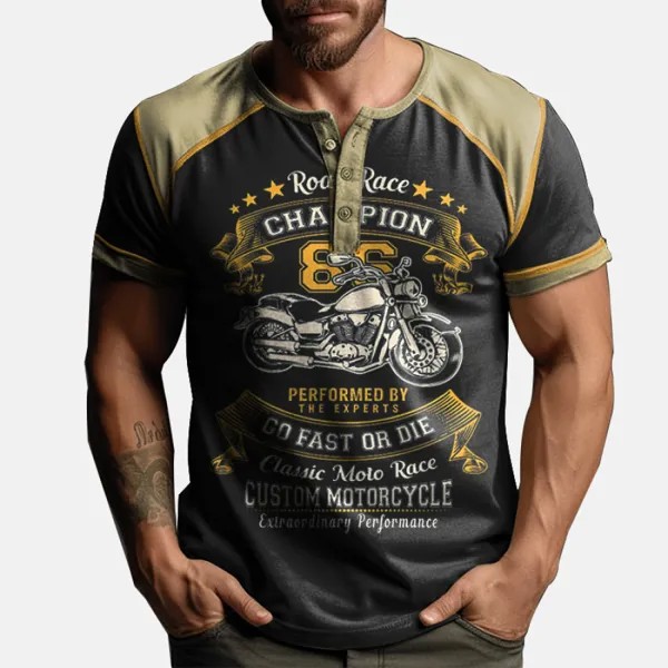 Мужская уютная винтажная мотоциклетная байкерская футболка с воротником Henley с графическим принтом