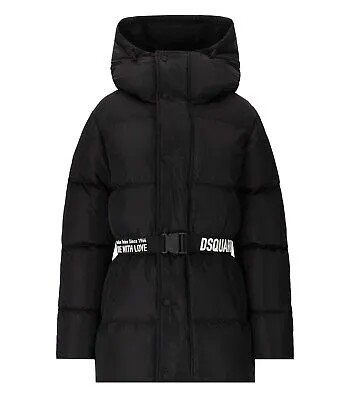 Черный пуховик с капюшоном и поясом Dsquared2 Puff для женщин