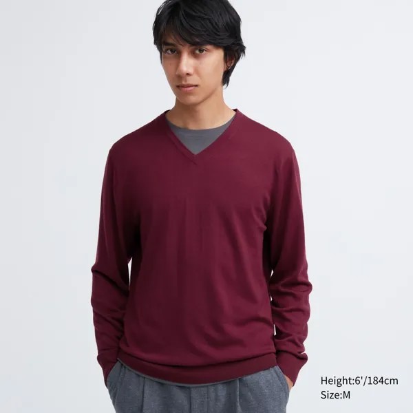 Джемпер из 100% очень тонкой шерсти мериноса с V-образным вырезом Uniqlo, бордовый