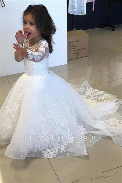 Милое Пышное Платье со шлейфом, красивое платье с круглым вырезом и длинным рукавом для девочек, платье для девочек с кружевной аппликацией для причастия