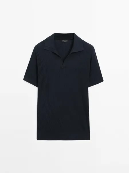 Рубашка-Поло из смеси хлопка и льна в рубчик Massimo Dutti, синий