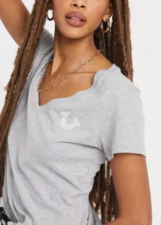 Серая футболка с глубоким V-образным вырезом и логотипом True Religion-Серый