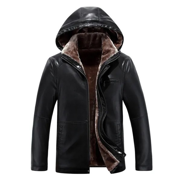 Мужская кожаная куртка, черная куртка из искусственной овечьей кожи со съемным капюшоном и меховой подкладкой, зима 2022