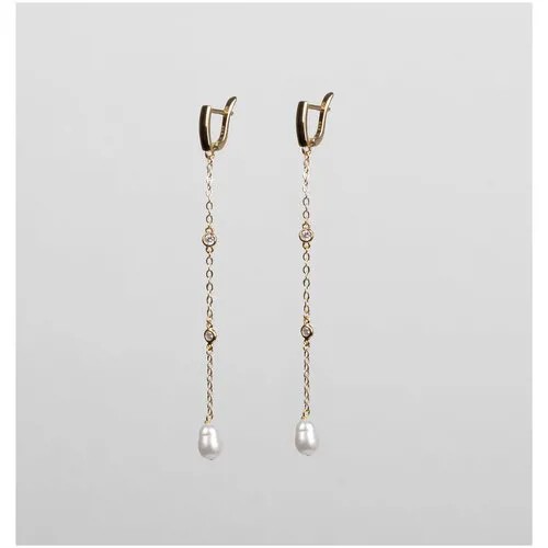 Серьги цепочки VERUSCHKA JEWELRY, фианит, жемчуг культивированный, золотой