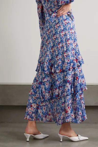 RIXO ярусная юбка миди из жоржета Preslee с оборками и цветочным принтом, синий
