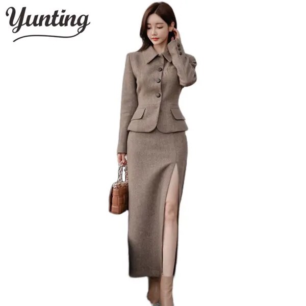 Женский зимний теплый Новый стиль корейский длинный шерстяной пиджак + юбка на бедрах женский костюм из двух предметов/комплекты