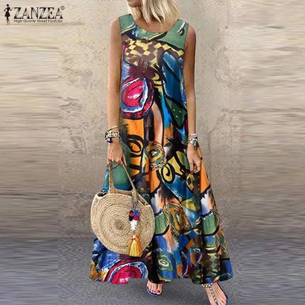 ZANZEA Женщины Лето O-образный вырез Без рукавов Винтажное платье с принтом Свободное повседневное пляжное длинное платье