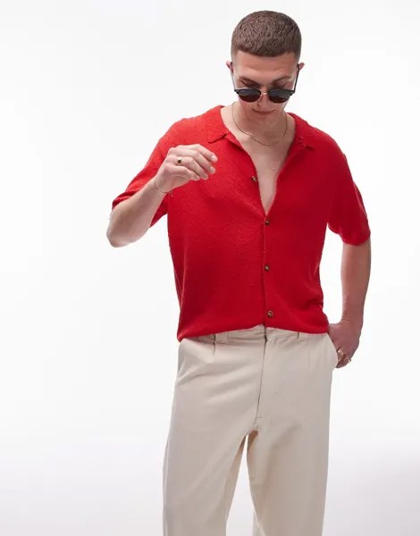 Topman – красная рубашка свободного кроя из фактурного трикотажа с застежкой на пуговицы