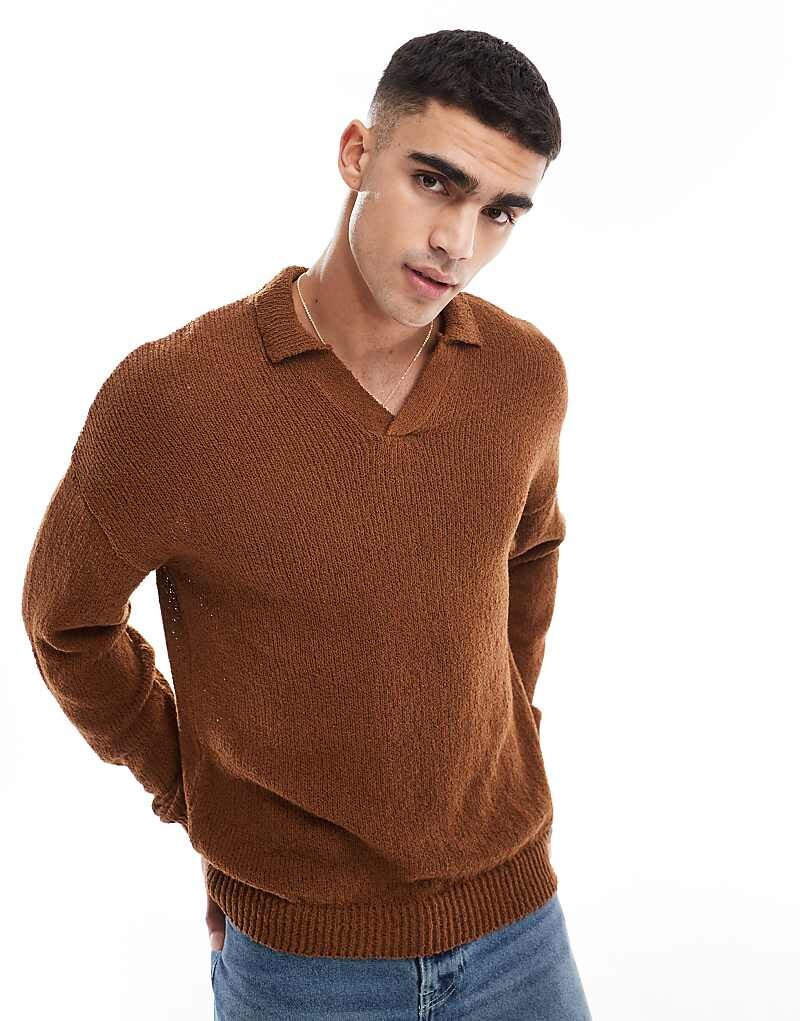 ASOS DESIGN – Светло-коричневый фактурный вязаный свитер свободного кроя с вырезом на горловине