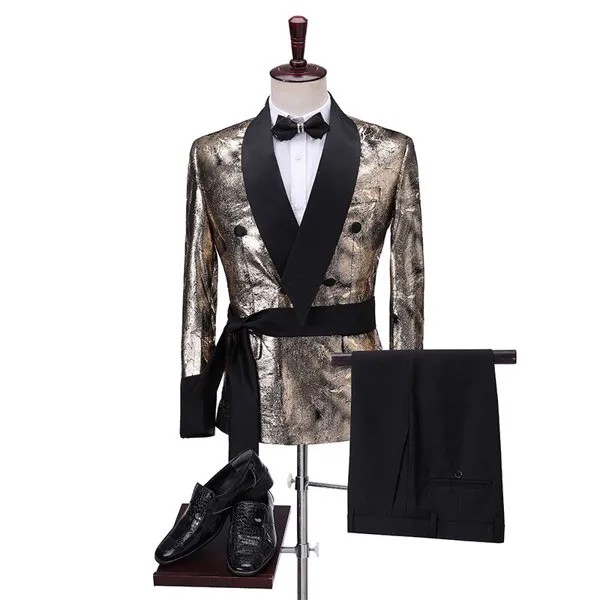 2020 двубортный костюм, новейший дизайн пальто и брюк, блестящий золотистый смокинг, шаль с лацканами Вечерние вечернее платье, костюм жениха,...