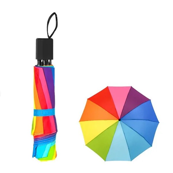Мода Радужный зонт Три складных зонта Длинная ручка Автоматическая ветроустойчивость Складной прямой зонт