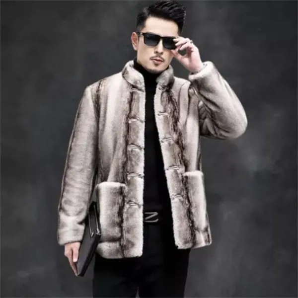 Куртки мужские из искусственного меха, кожаные пальто, новый стиль, золотой норковый воротник-стойка в китайском стиле, зимняя теплая Повседневная одежда, черный, серый цвета