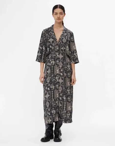 Серое гибридное платье-рубашка миди Object с винтажным принтом