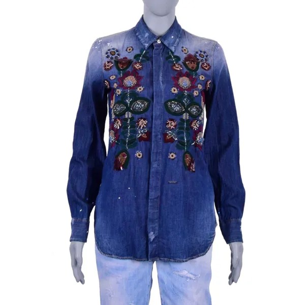DSQUARED2 Джинсовая рубашка Dsquared в западном стиле с цветочной вышивкой Блузка СИНЯЯ SM