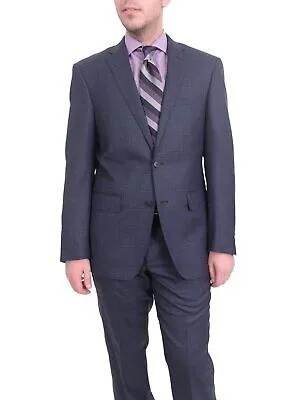 Очень зауженный шерстяной костюм синего цвета с фиолетовым оконным стеклом на двух пуговицах