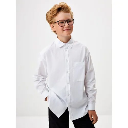 Школьная рубашка Sela, оверсайз, на пуговицах, длинный рукав, однотонная, размер 134, белый
