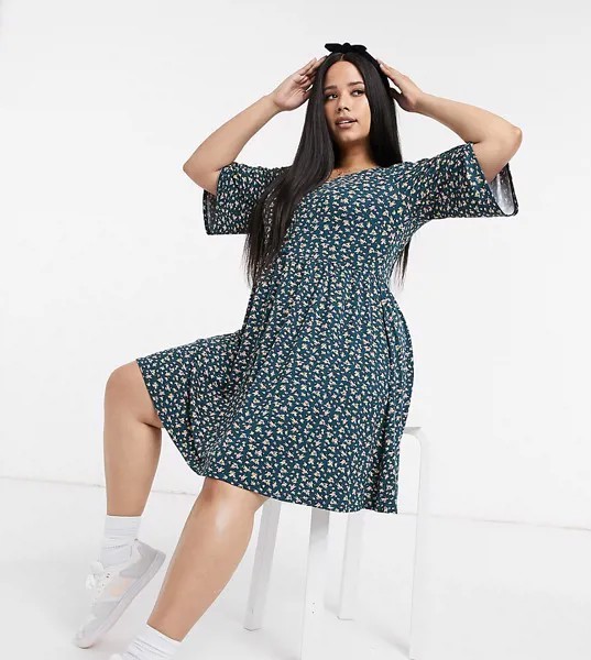 Свободное зеленое платье мини с цветочным принтом ASOS DESIGN Curve-Зеленый