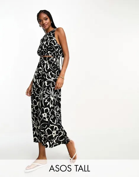 Сарафан миди из льна с вырезами и рюшами ASOS DESIGN Tall с абстрактным цветочным принтом ASOS Tall