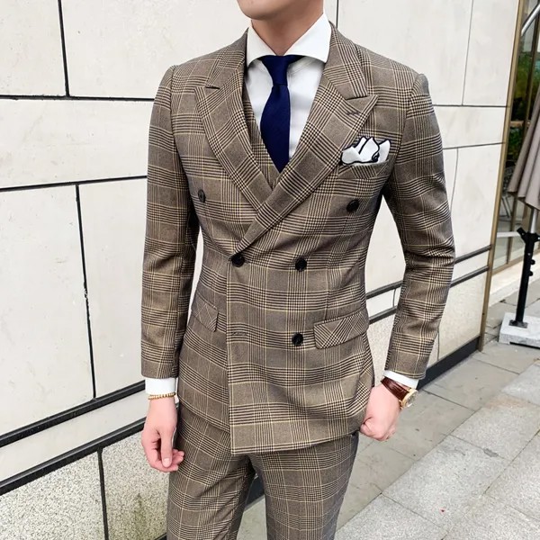 Хаки светильник синий Клетчатый костюм для Для мужчин Slim Fit Для мужчин s двубортный костюм жениха смокинг на свадьбу; Комплект из 3 предметов ...