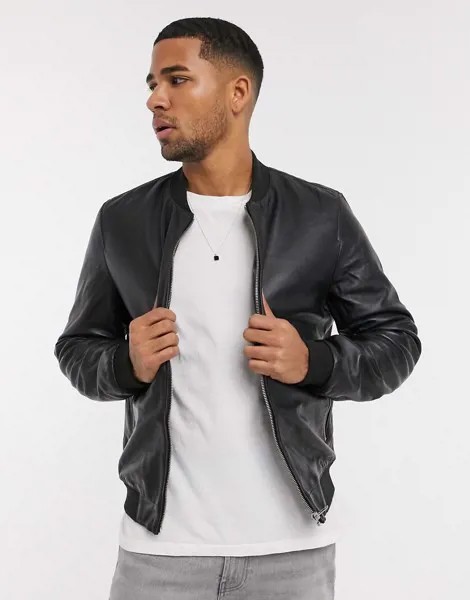 Черный кожаный бомбер ASOS DESIGN-Черный цвет