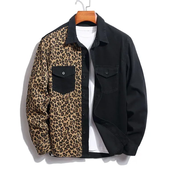 Мужской Джинсовая рубашка с леопардовым принтом с карманом