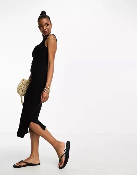 Черное облегающее платье миди из джерси без рукавов Vero Moda