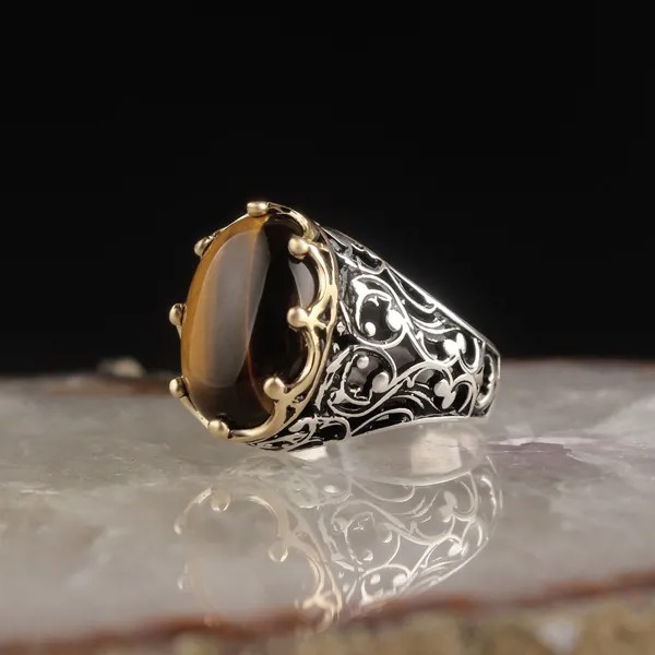 Натуральный камень тигра, 925 серебра, гравировка, традиционное кольцо ручной работы, Турецкая вывеска, кольца, рок, ювелирные изделия, подарок для женщин и мужчин