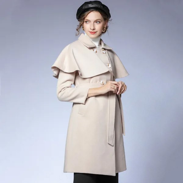 2022 шерстяное пальто, ретро плащ-шаль, пальто на шнуровке, приталенная плотная шерстяная ткань средней длины