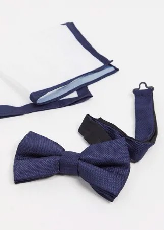 Темно-синий фактурный галстук-бабочка и платок для нагрудного кармана Moss London