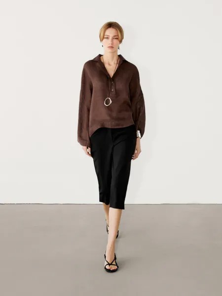 Льняная рубашка с длинными рукавами и воротником-поло Massimo Dutti, оранжевый