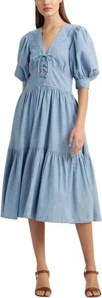 Платье LAUREN Ralph Lauren Chambray Puff-Sleeve Dress, цвет Medium Chambray Wash