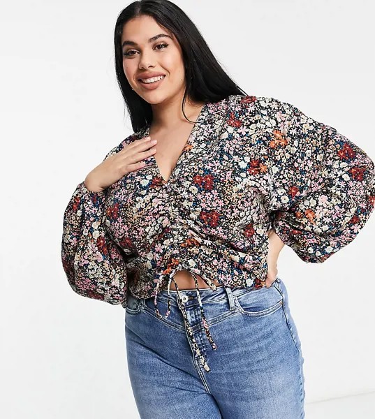 Блузка с V-образным вырезом и розовым цветочным принтом Vero Moda Curve-Розовый цвет