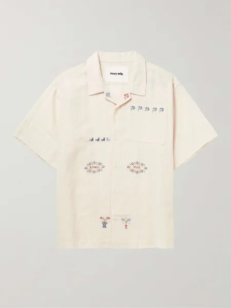 Рубашка с воротником-стойкой и вышивкой из смеси хлопка и льна STORY MFG., белый