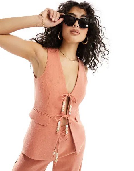 Длинный жилет ASOS DESIGN с завязкой из бисера фактурного цвета ржавчины