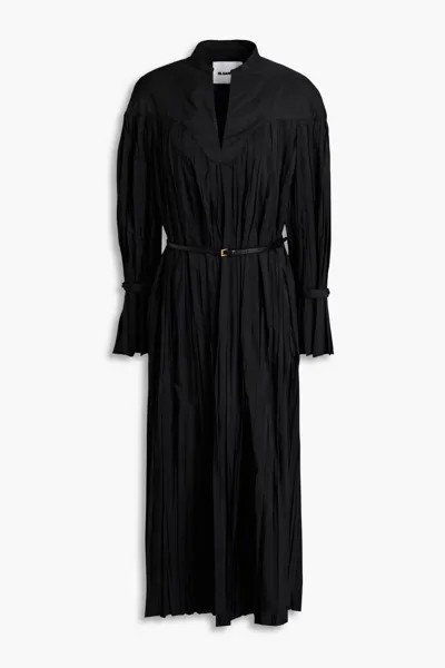 Платье макси из плиссированной тафты с поясом Jil Sander, черный