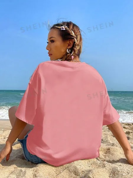 SHEIN EZwear Повседневная женская футболка большого размера с круглым вырезом и короткими рукавами с рисунком животных, коралловый розовый