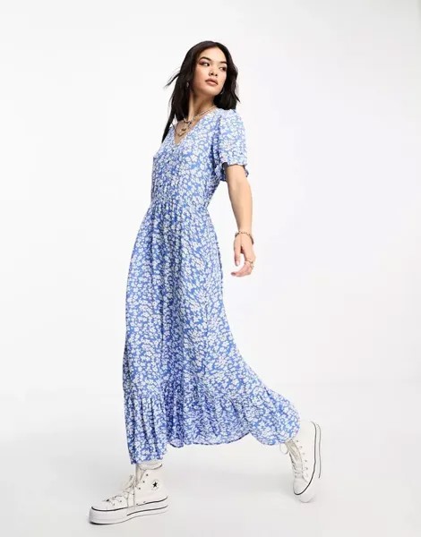 Синее платье макси Only с цветочным принтом, пышными рукавами и V-образным вырезом