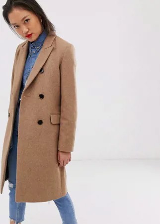 Коричневое двубортное шерстяное пальто Selected Femme-Коричневый