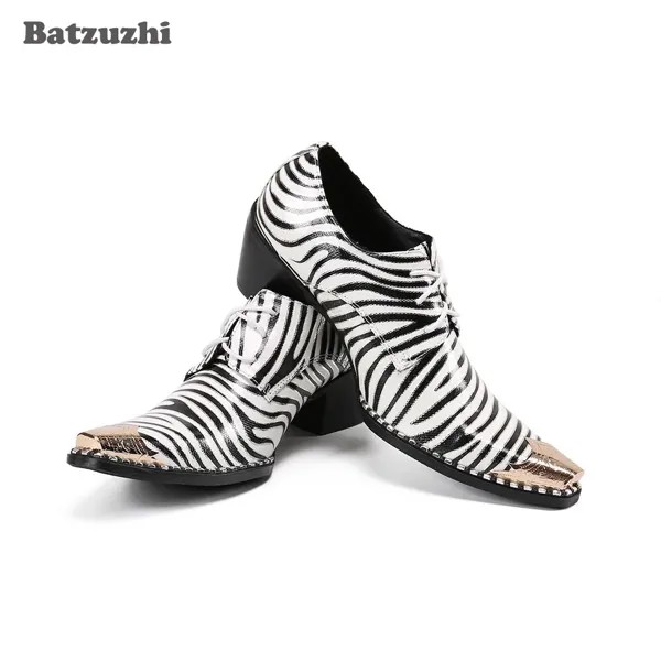 Batzuzhi Роскошные ручной работы из кожи Туфли под платье обувь для мужчин в британском стиле Тип остроконечный металлический носок 6,5 см, увели...