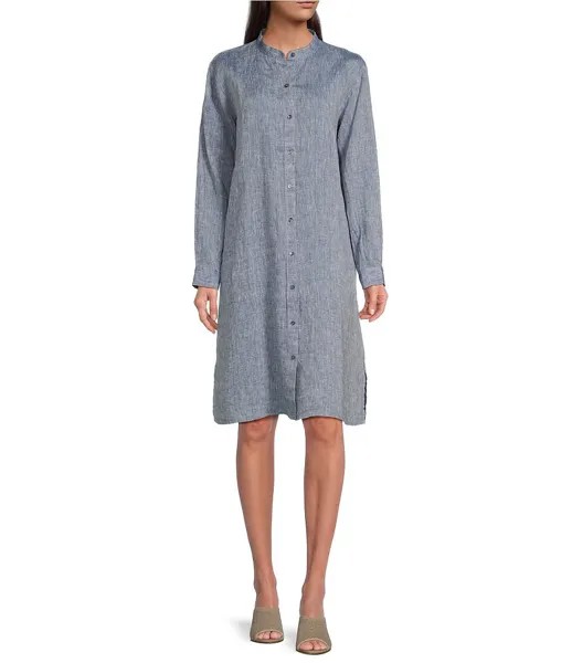 Платье-рубашка на пуговицах с длинными рукавами и воротником-стойкой Eileen Fisher, окрашенное в пряжу из органического льна, синий