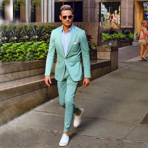 Модные мятно-зеленые облегающие мужские строгие смокинги для свадьбы, повседневные фонарики (куртка + брюки)